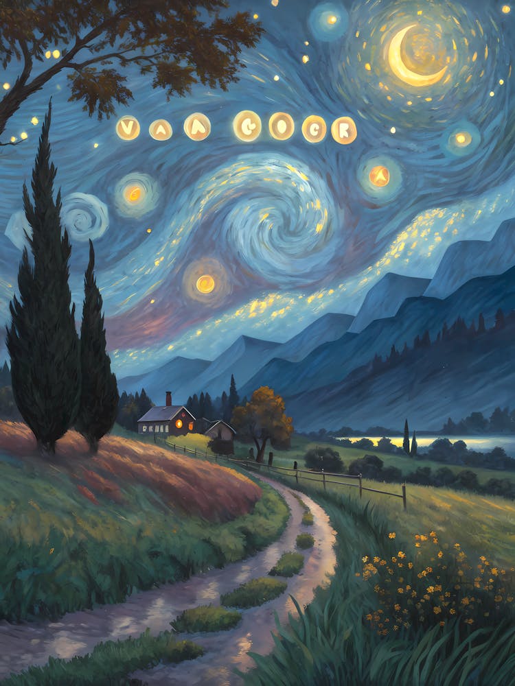 Van Gogh Starry Night Moonlit Village & Mountains