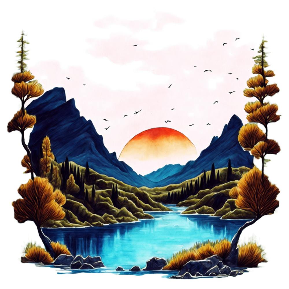 Idyllic Watercolor Landscape Painting With Trees, Mountains, And Sunset
