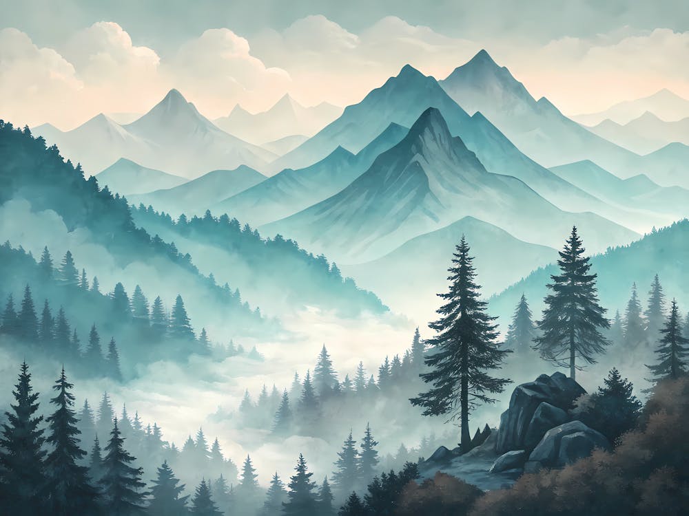Retro Vintage Style A Misty Mountain Range In Vint