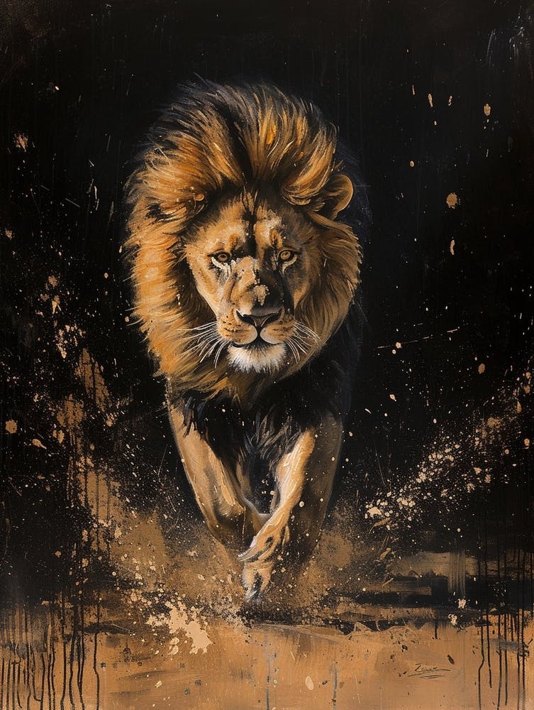 African Lion Night Hunt Acrylic Painting 1
