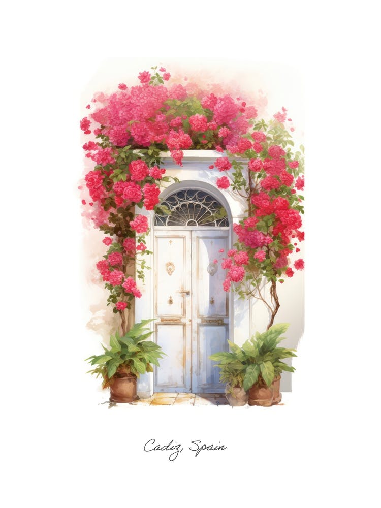 Cadiz, Spain   Mediterranean Doors Watercolour Painting 2 Poster