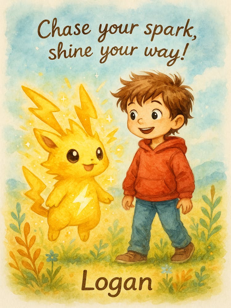 Logan and Zippu - Printable Boys Room Poster | Positive Quote | Editable Name | Creature Art for Kids | Pokémon Inspired Nursery Wall Decor