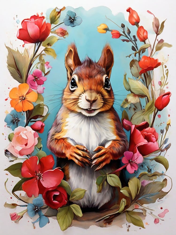 Eichhörnchen mit Blumen Kunstdruck