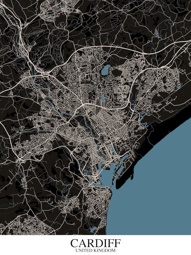 Cardiff Black Blue Map