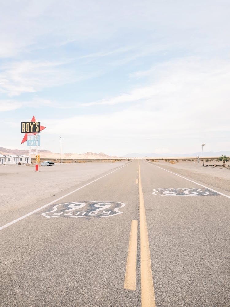 Route 66, USA I Road trip in the desert landscapes of retro vintage America, California and Arizona along the neon gas station Roy&#39;s Motel and Cafe photography with pastel summer aesthetic like analog film