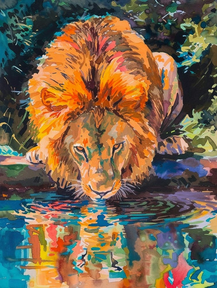 Masai Lion Drinking From A Watering Hole Fauvist Painting 4