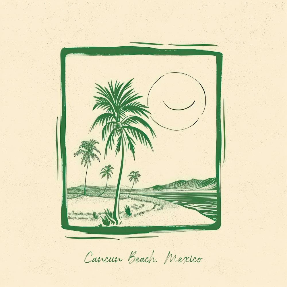 Cancun Beach, Mexico Green Line Art Illustration