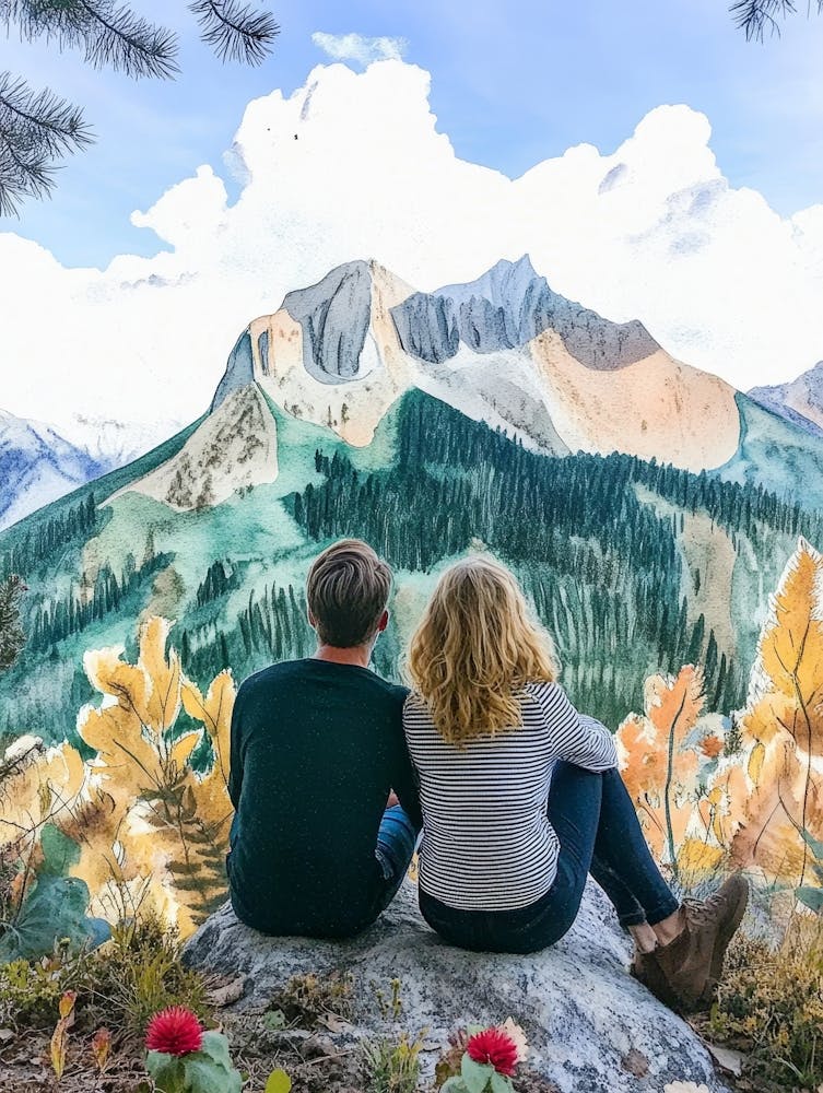 Couple Sitting On Top Of Mountain