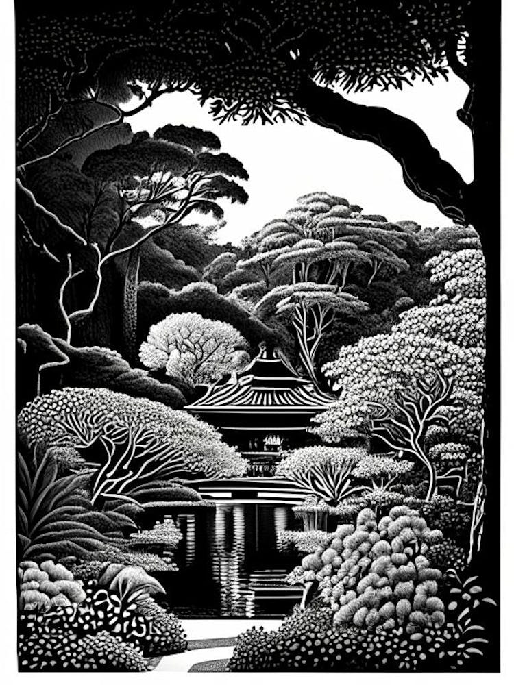 Shinjuku Gyoen National Garden, 1, Japan Linocut Black And White Vintage