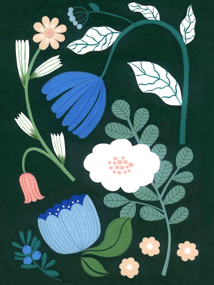 Scandi Flower Pastels Drak Green Background Painting
