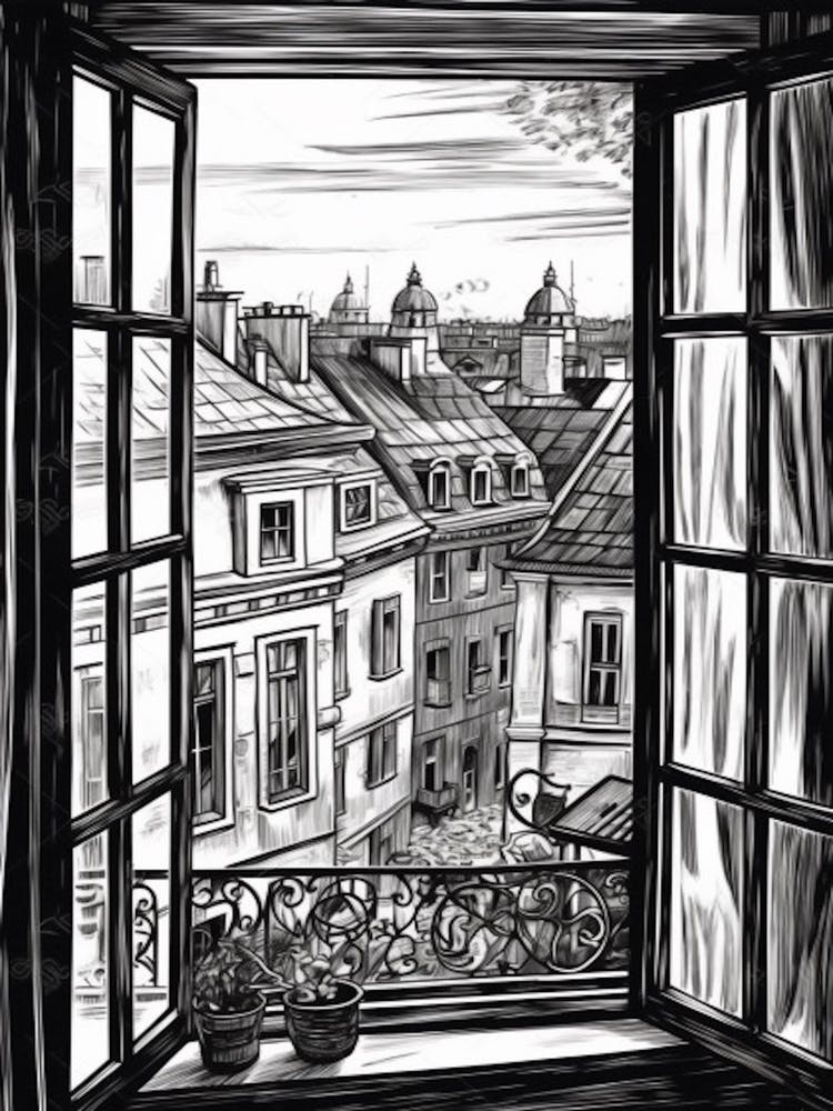 A Window View Of Vienna In The Style Of Black And White  Line Art 1