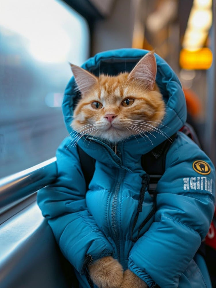 The Cute Cat Is Smiling, Wearing Blue Nike Wool, Carrying A Small Bag, Sitting On The Metro
