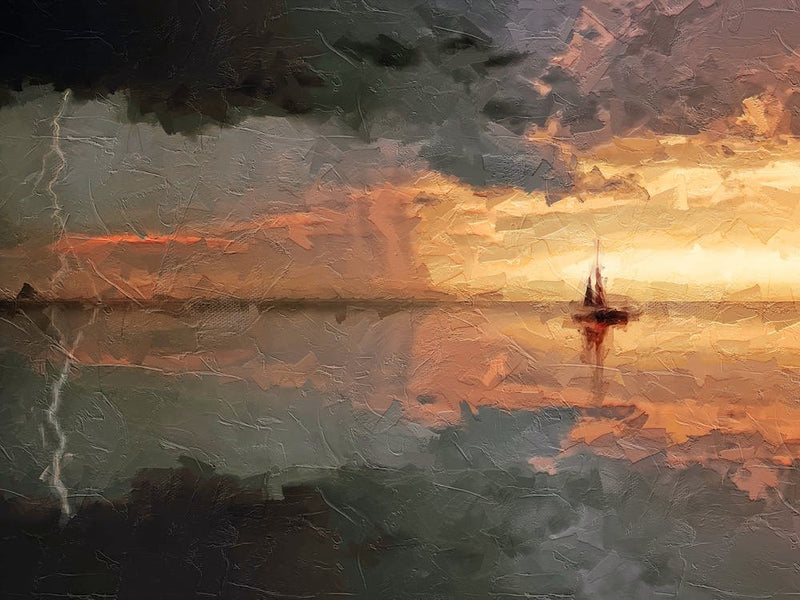 Boat Storm And Lightning Oil Painting Landscape