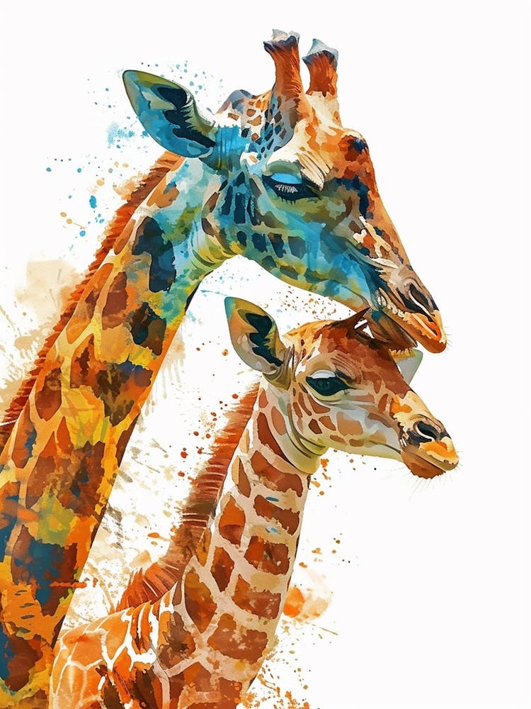 Giraffe & Calf Water Colour Style 2