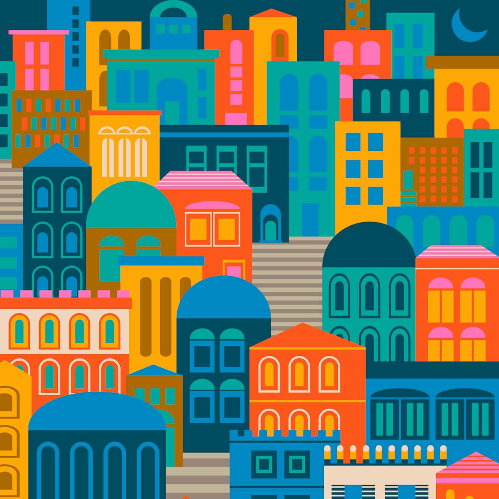 CITY LIGHTS AT NIGHT Vintage Travel Poster Square Layout with Geometric Architecture Buildings in Bright Rainbow Colours Orange Yellow Pink Green Blue Brown Cream on Dark Navy Blue