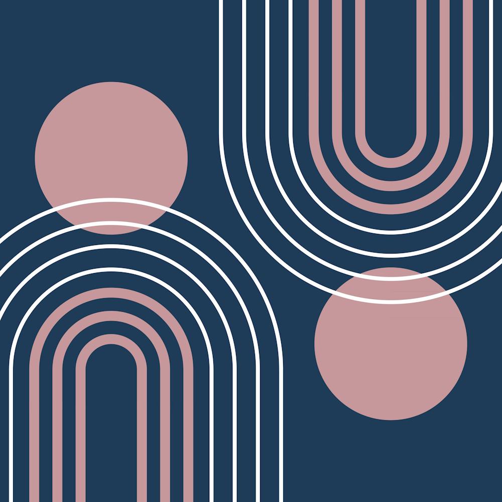 Mid Century Modern Geometric B28 In Navy Blue And Rose Gold (Rainbow And Sun Abstract) 02
