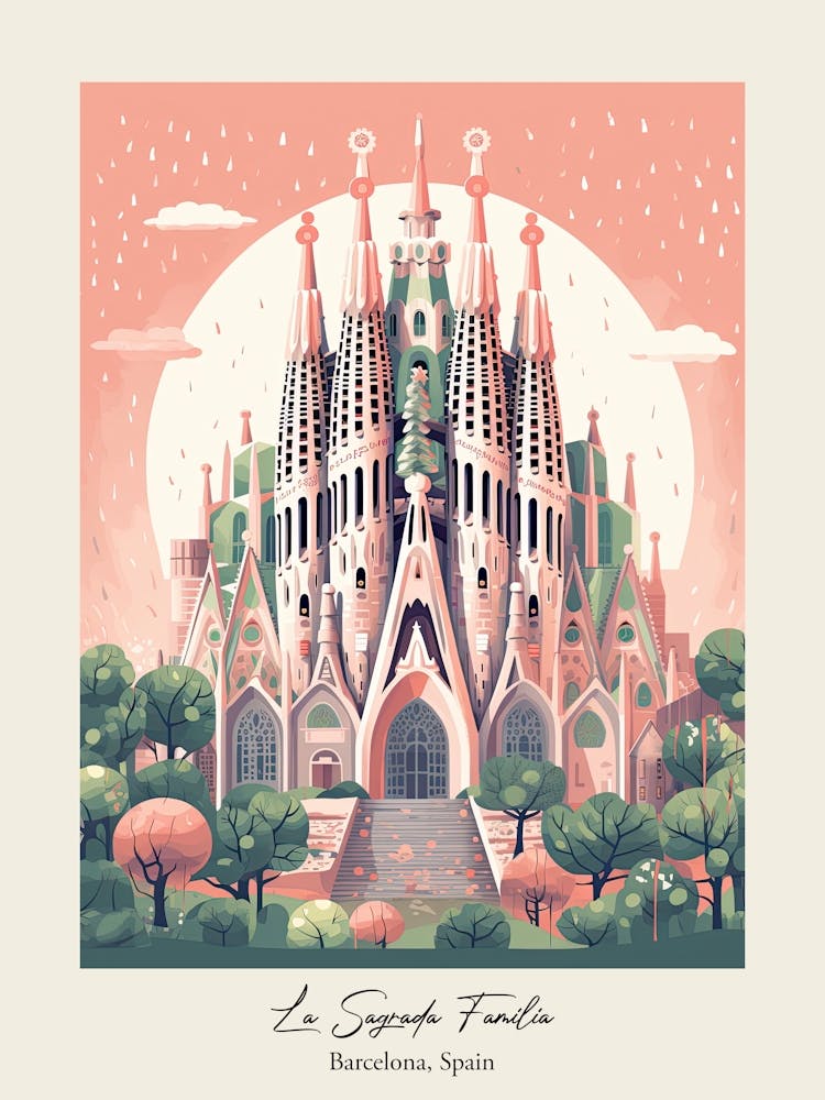 La Sagrada Familia   Barcelona, Spain   Cute Botanical Illustration Travel 2 Poster