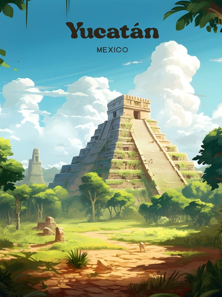 Yucatan Mexico Pyramid Travel Art Illustration