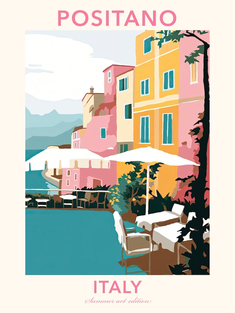 Positano, Italy, Illustration tons pastels plats 4 Affiche