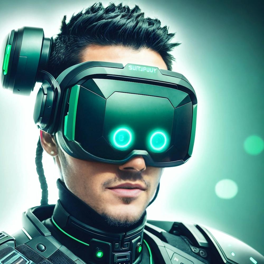 Close up portrait of cyberpunk warrior of the future in green virtual reality glasses on blue digita-1