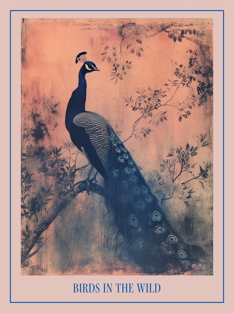 Pink & Blye Peacock In A Tree Cyanotype Inspired 2 Poster