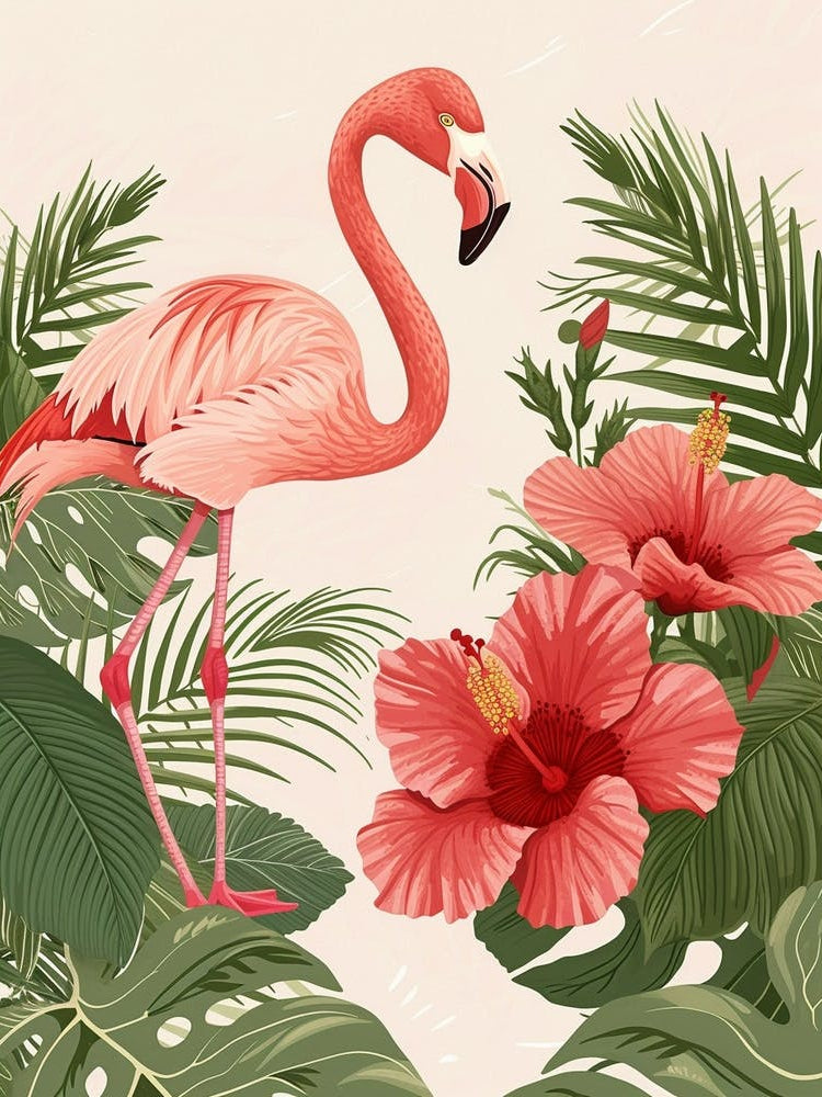 Lesser Flamingo And Hibiscus Minimalist Illustration 2