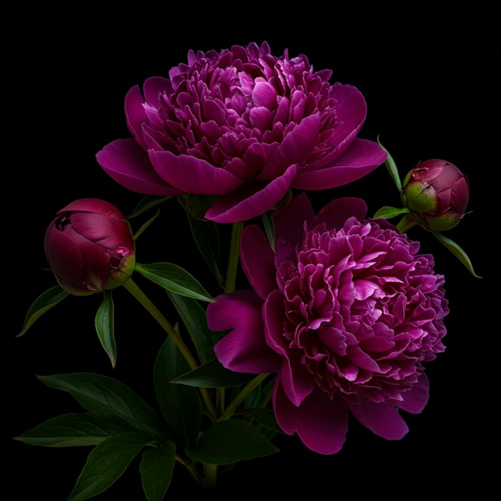 Deep Purple Peonies Blooms On Black Background