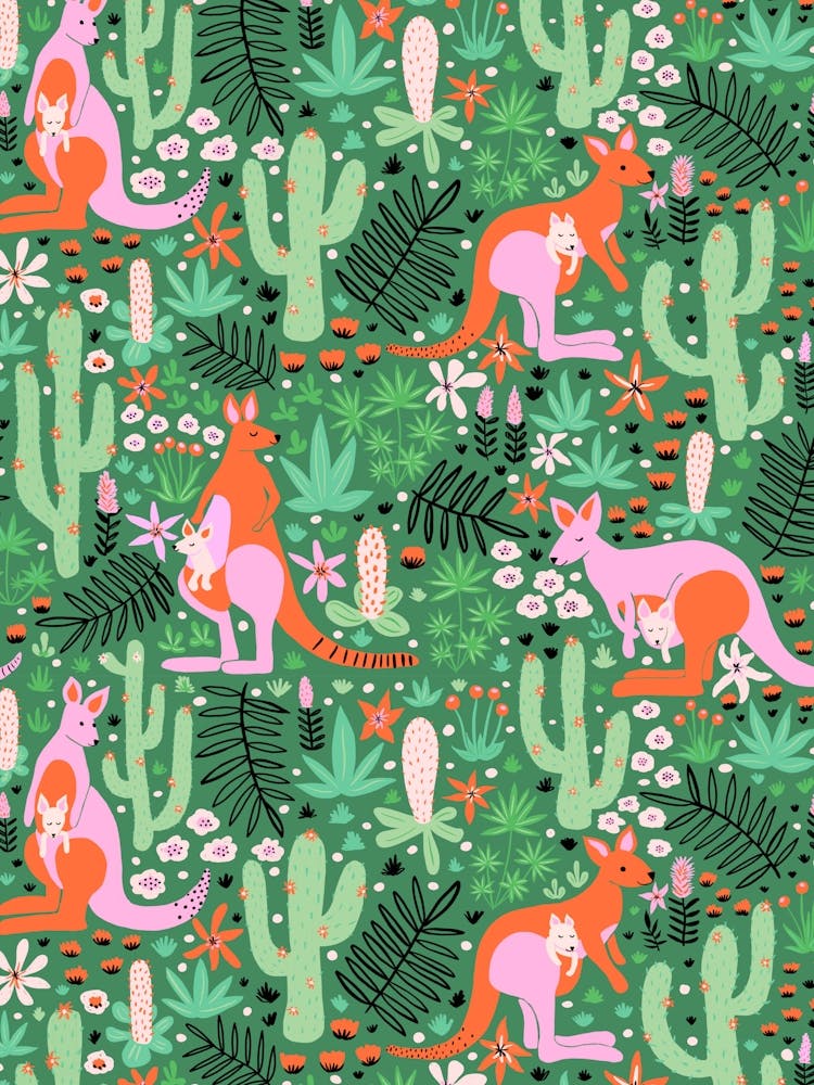 Kangaroos in a Cactus Jungle Red, Pink, Green Kids