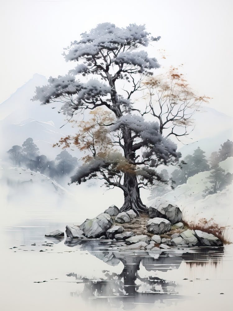 Kamikochi In Nagano, Japanese Brush Painting, Ukiyo E, Minimal 1