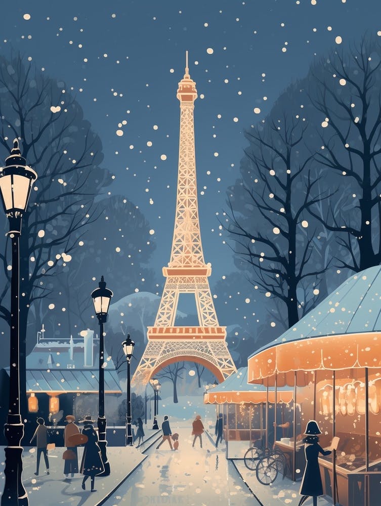 Winter Travel Night Illustration Paris France 3