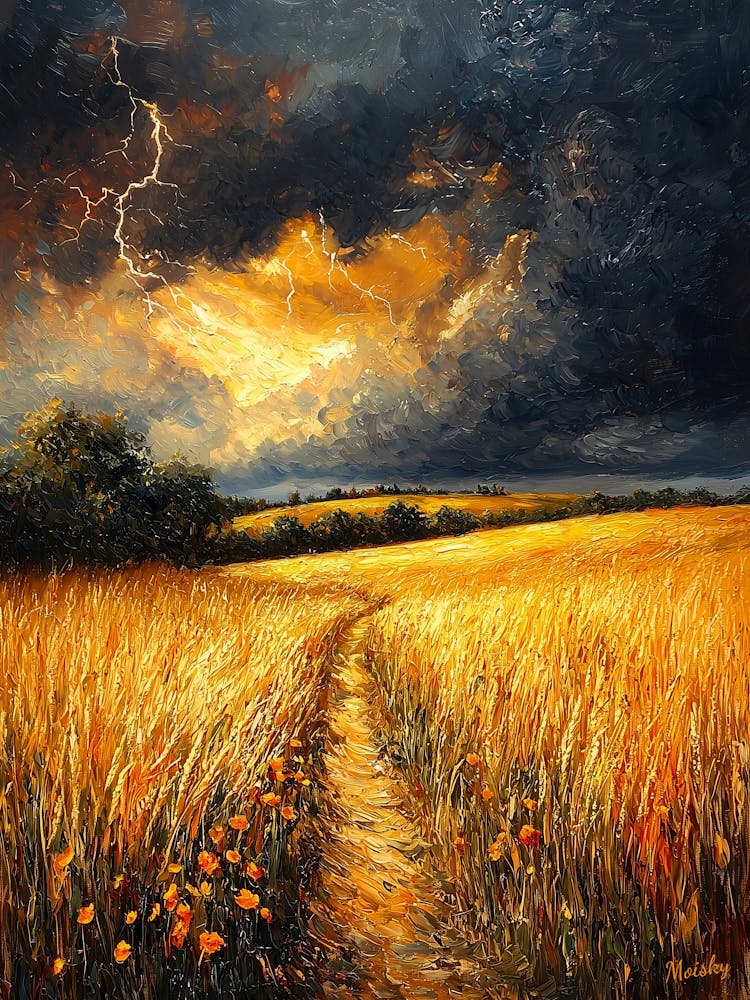 Lightning In The Field, Impressionist Oil Painting – Inspired by van Gogh