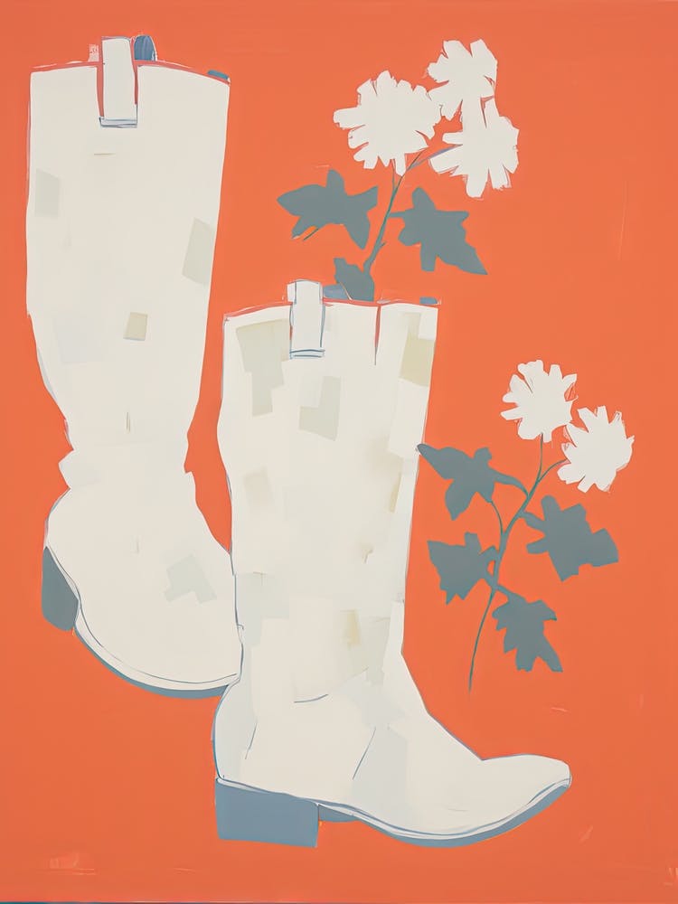 A Painting Of Cowboy Boots With White Flowers, Pop Art Style 3