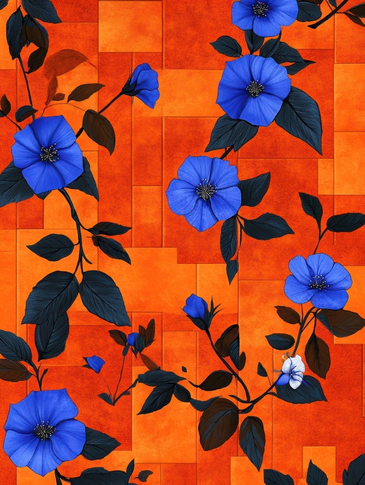 Blue Flowers On An Orange Wall