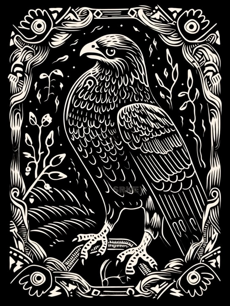 B&W Bird Linocut Hawk 2