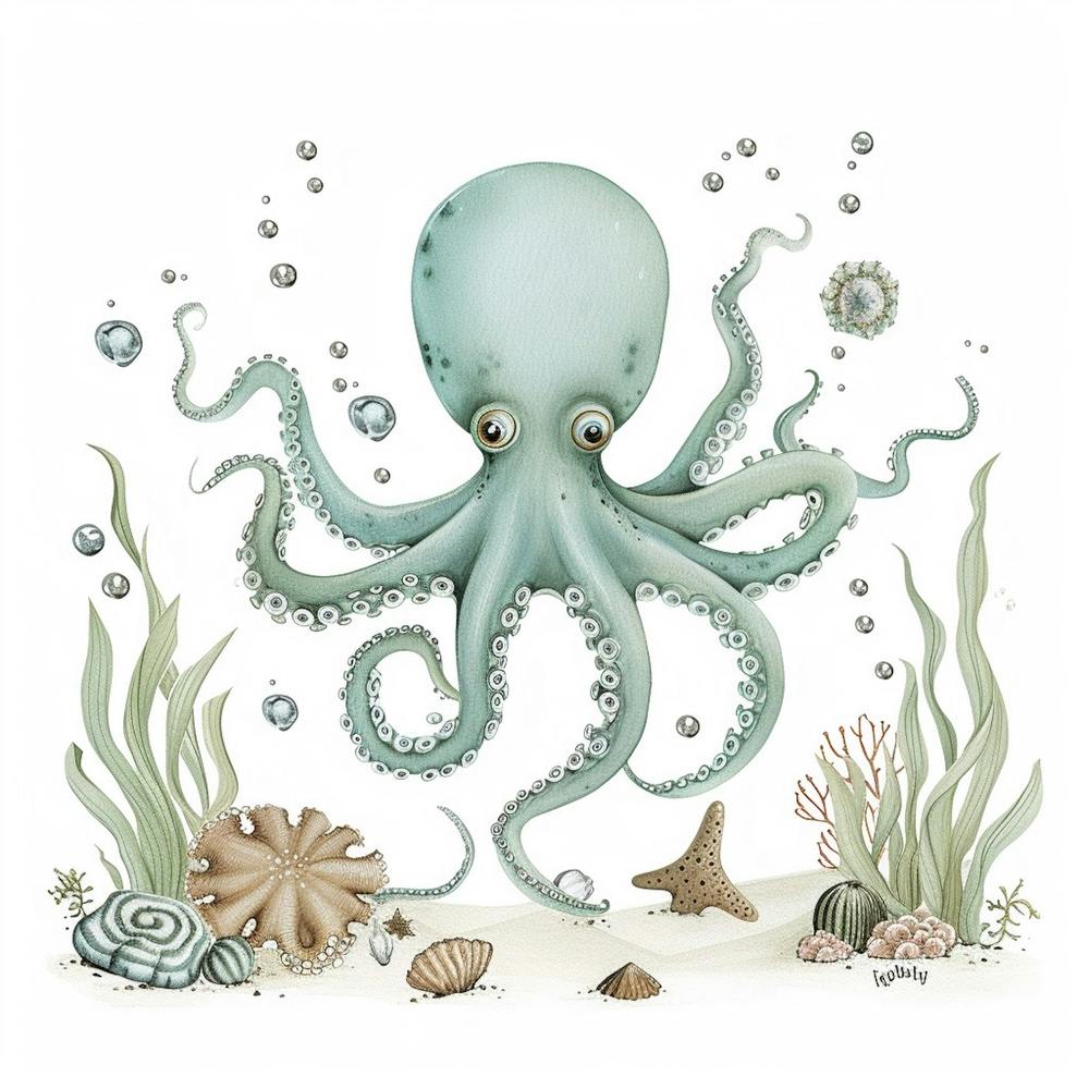 Storybook Style Octopus On The Ocean Floor With Aqua Marine Plants 4