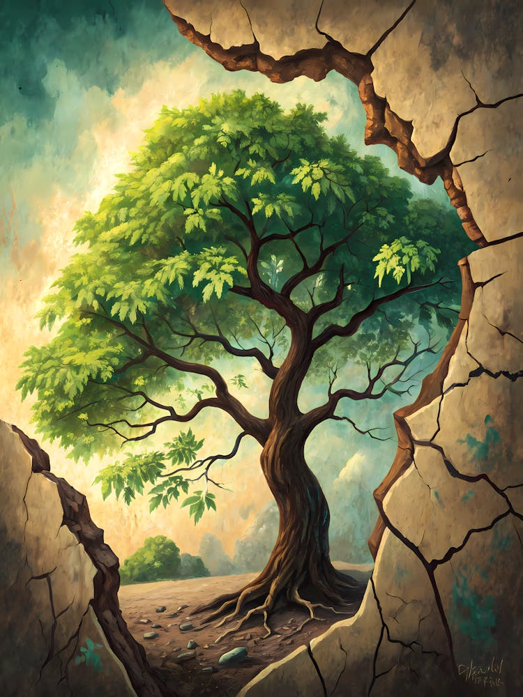 Oil Painting Style Lush Green Tree Breaking Through Stone Nature's Resilience