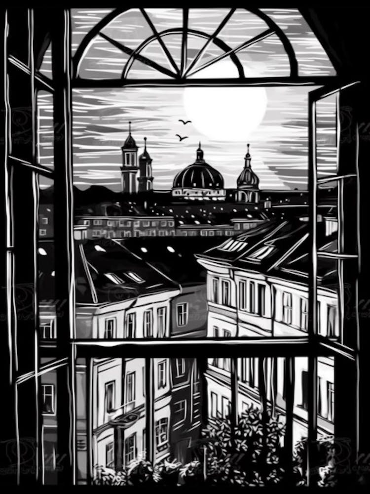 A Window View Of Vienna In The Style Of Black And White  Line Art 4