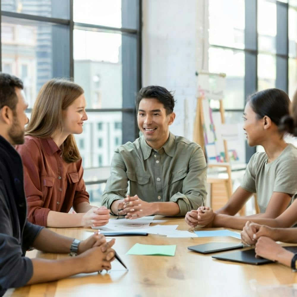 An engaging and interactive workshop setting, with participants collaborating on a creative project or brainstorming ideas. This image reflects a dynamic learning or team-building environment, suitable for industries related to education, training, or pro