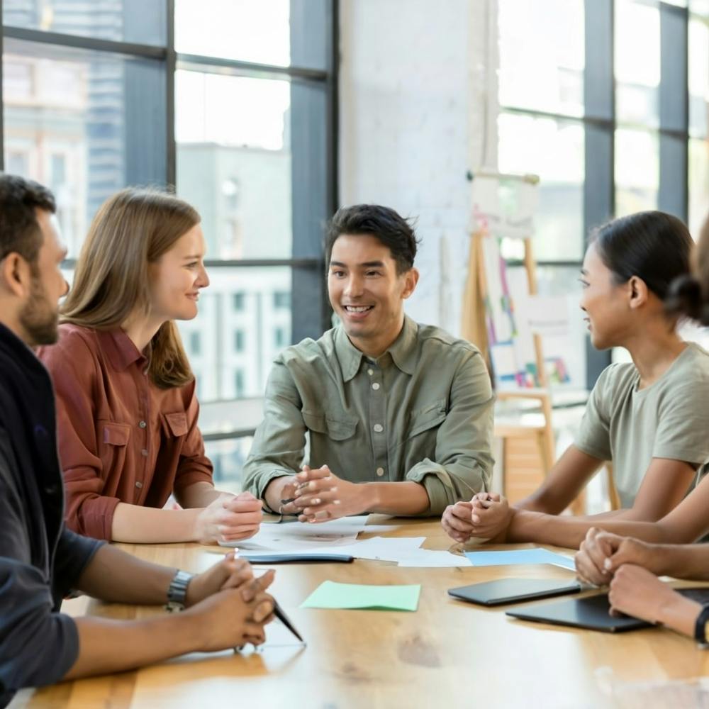 An engaging and interactive workshop setting, with participants collaborating on a creative project or brainstorming ideas. This image reflects a dynamic learning or team-building environment, suitable for industries related to education, training, or pro