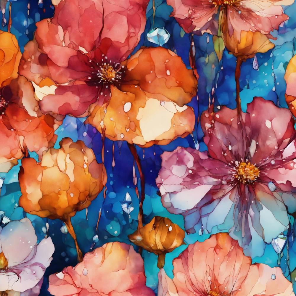 Fleurs Vectorielles À L'Encre Alcoolisée Avec Gouttes De Pluie Cristallines