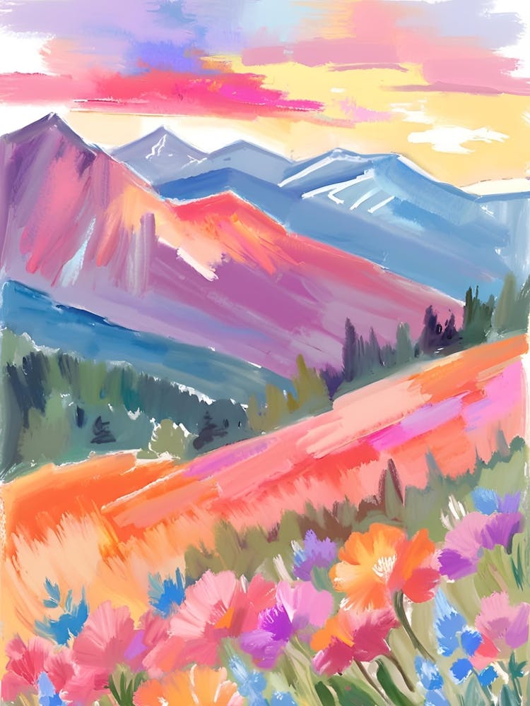 Watercolor Of Flowers In The Mountains