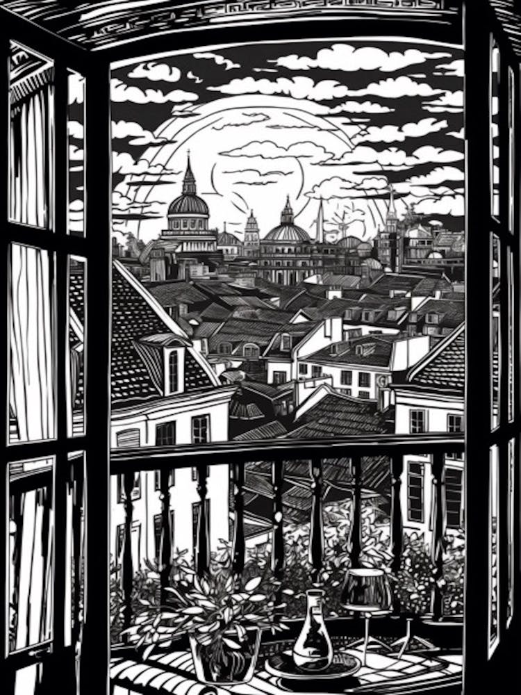 Window View Of Copenhagen Denmark   Black And White Colouring Pages Line Art 1