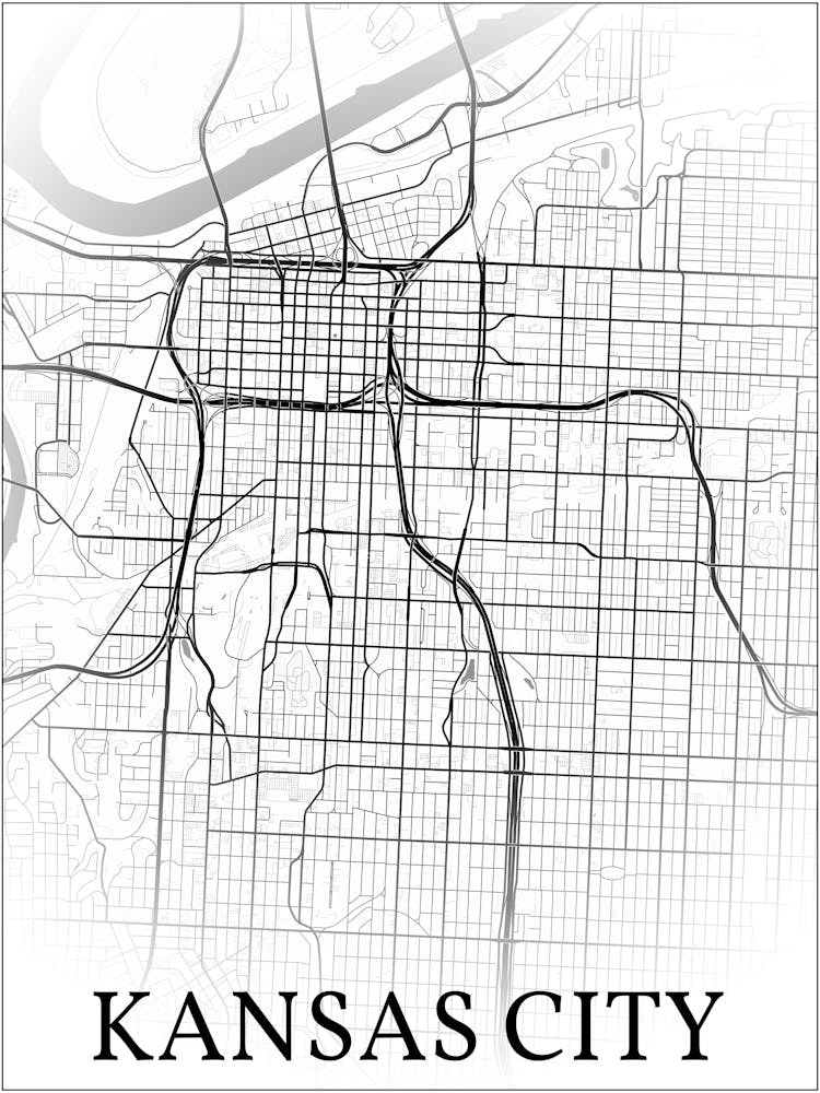 Kansas City, Missouri, United States, City Map, Black And White Fade Design 1