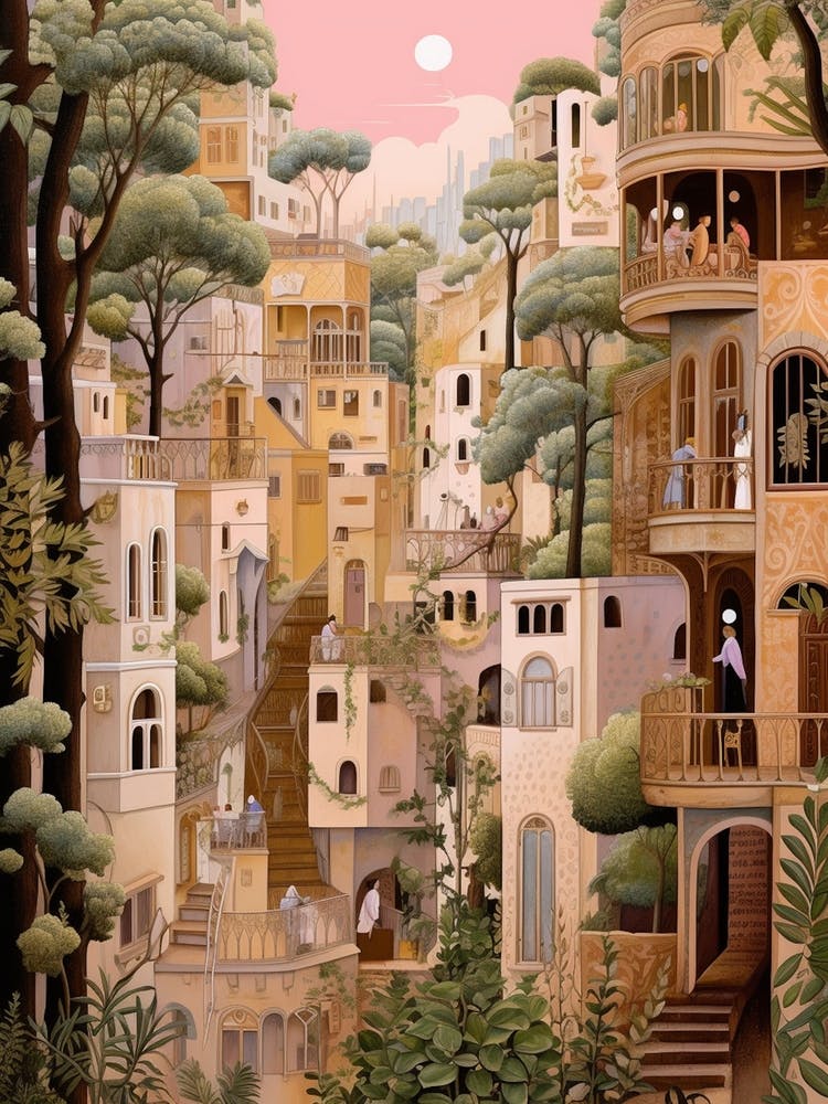 Haifa Israel 3 Vintage Pink Travel Illustration
