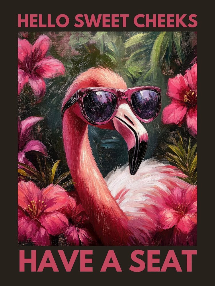 hello sweet cheeks have a seat Lustiges Flamingo-Badezimmerkunstwerk in einer verspielten Kitsch-Ästhetik, farbenfrohe Illustration im Stil der 50er-Jahre-Retropop, perfekt für Gästetoiletten, skurrile Räume 3