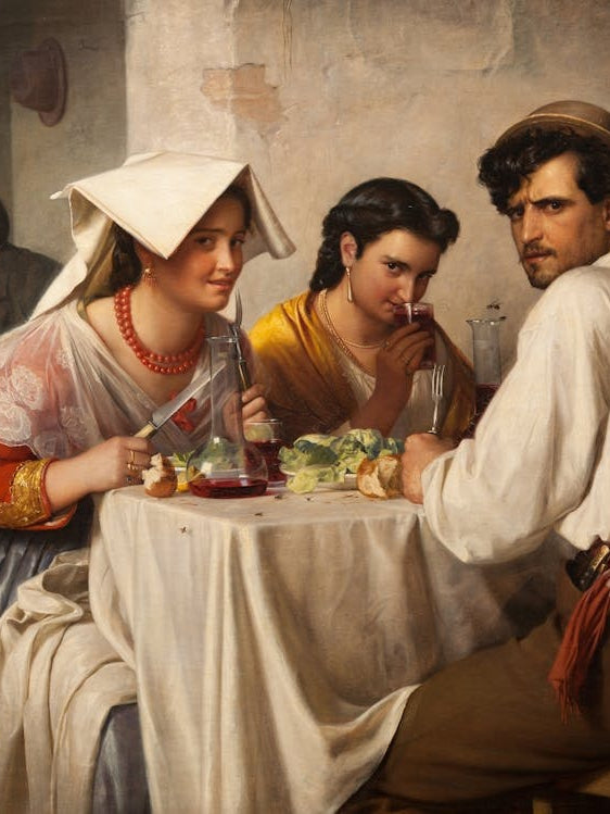 Judgy Painting 1866 In a Roman Osteria by Carl Bloch Carl Bloch's "In a Roman Osteria", depicts a lively scene in a traditional Roman tavern, where a young man, possibly a merchant, sits at a table engaging with women drinking wine. The sense that "everyone looks like they're judging you," including the cat, is a subtle yet powerful aspect of the painting's composition The painting was commissioned in 1866 by Danish merchant Moritz G. Melchior, believed to be the man depicted.