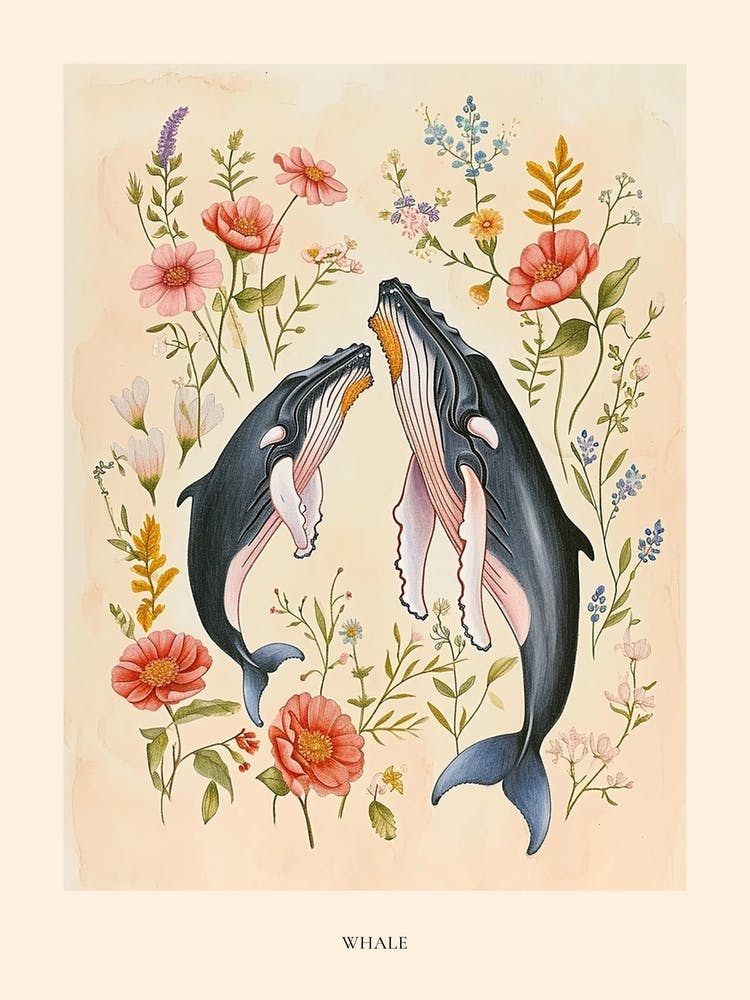 Folksy Floral Animal Drawing Whale 3 Poster