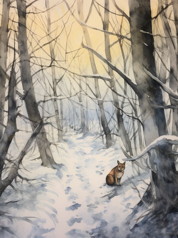 Winter Watercolour Gray Fox