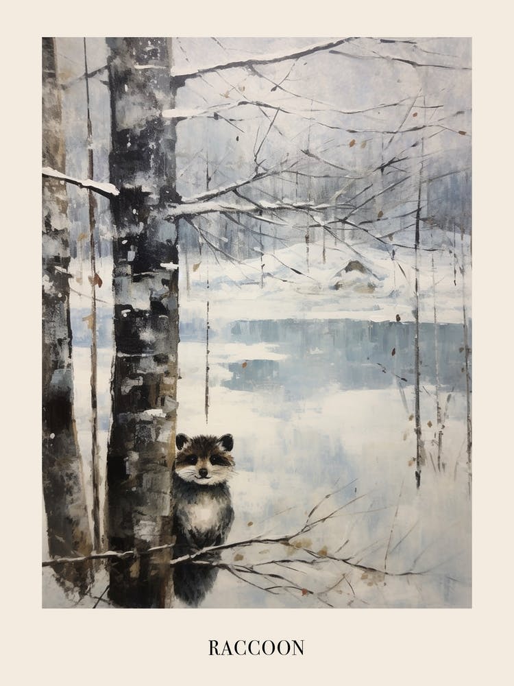 Vintage Winter Animal Painting Poster Raccoon 2