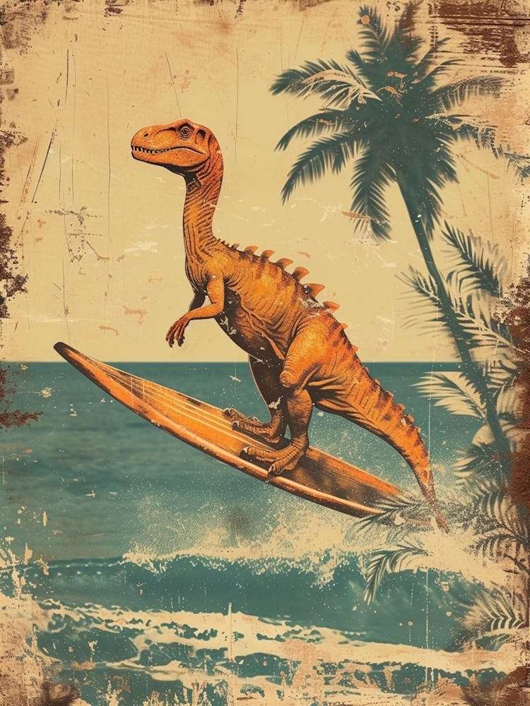 Vintage Parasaurolophus Dinosaurier auf einem Surfbrett 1